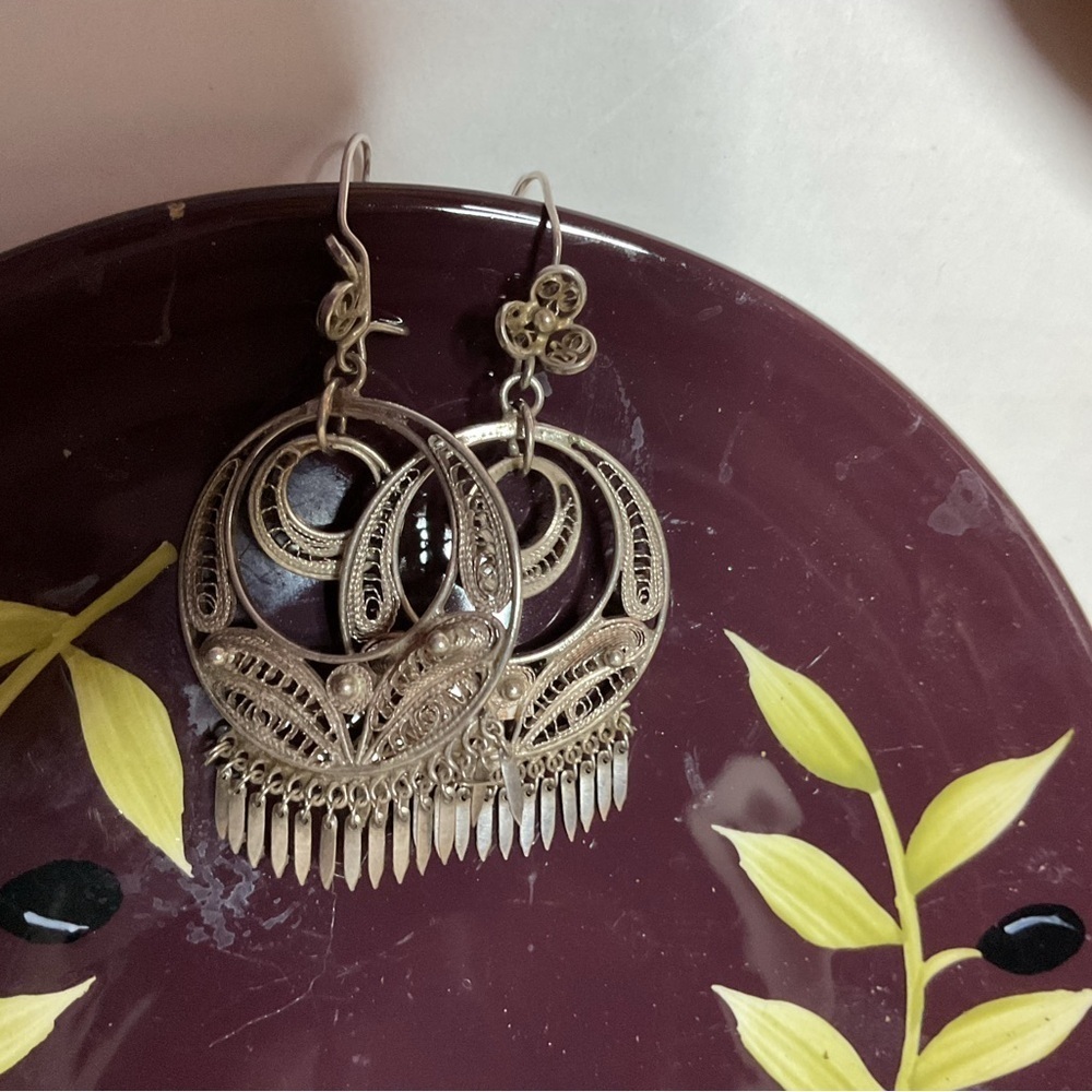Vintage Silver Concentric  Filigree Hoop Earrings with Tassels - Picture 3 of 8